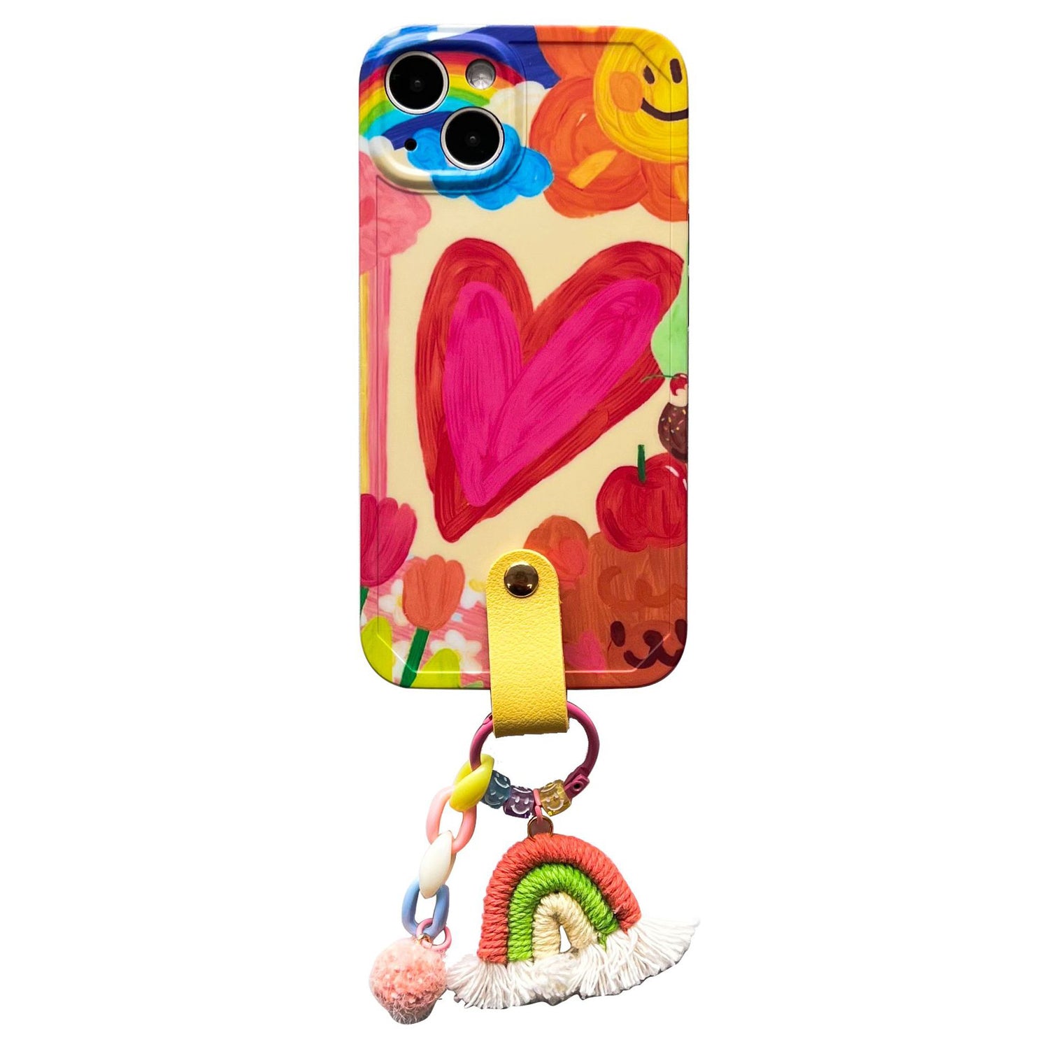 Uniqkart for iPhone 14 Plus Flexible TPU Phone Shell Heart Pattern Cover Case with Rainbow Decor, Leather Shoulder Strap Uniqkart for iPhone 14 Plus Flexible TPU Phone Shell Heart Pattern Cover Case with Rainbow Decor, Leather Shoulder Strap